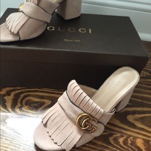 New Gucci suede fringe mule heel shoes